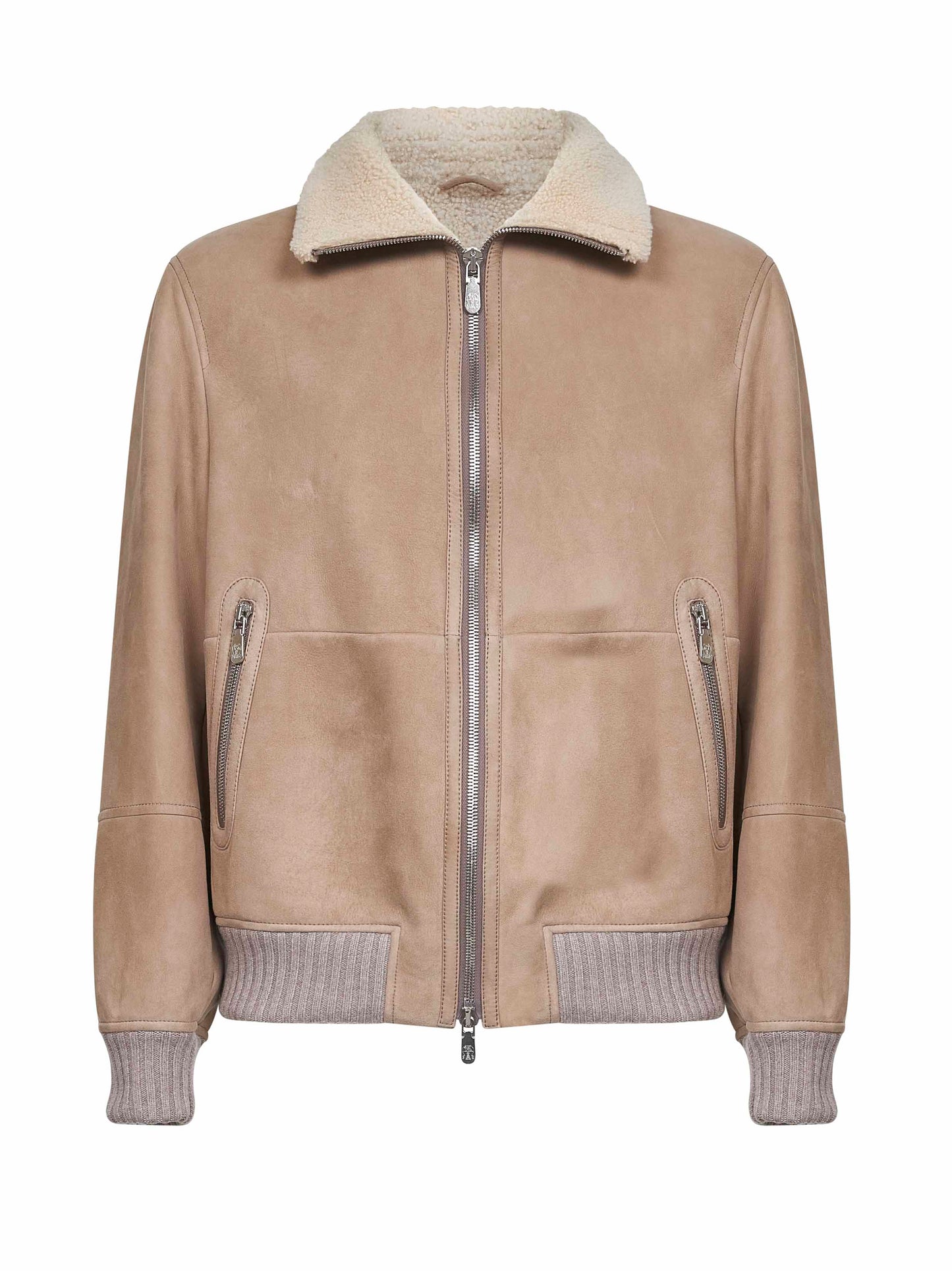 Bomber in shearling curly scamosciato beige