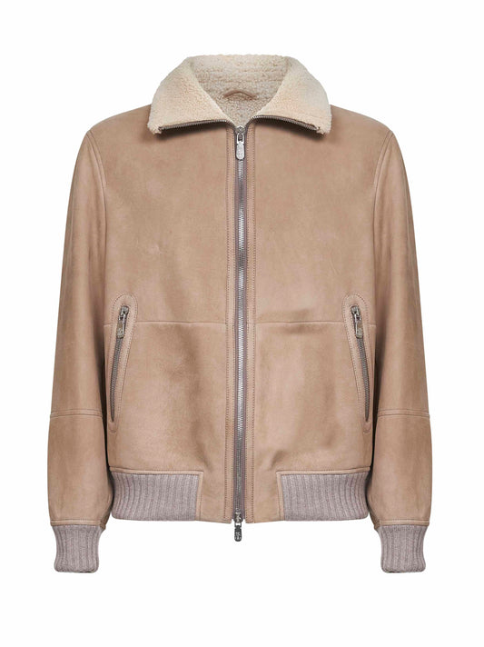 Bomber in shearling curly scamosciato beige