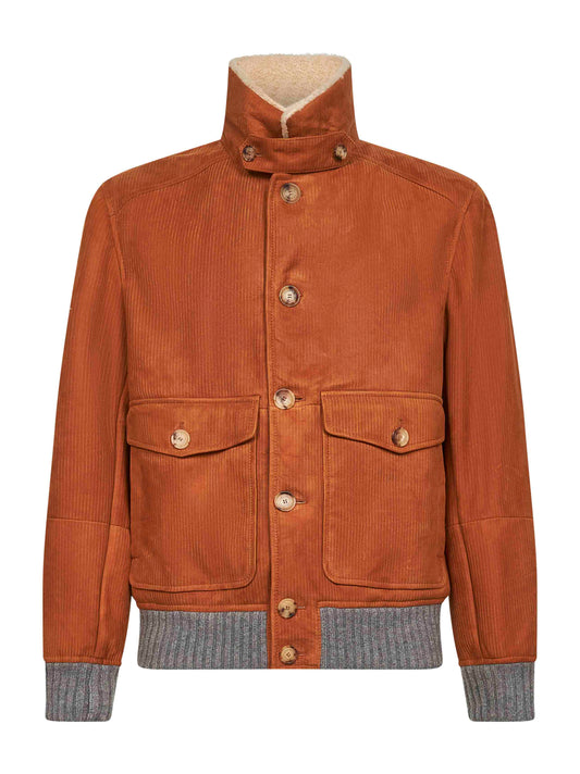 Orange ribbed suede shearling aviator jacket