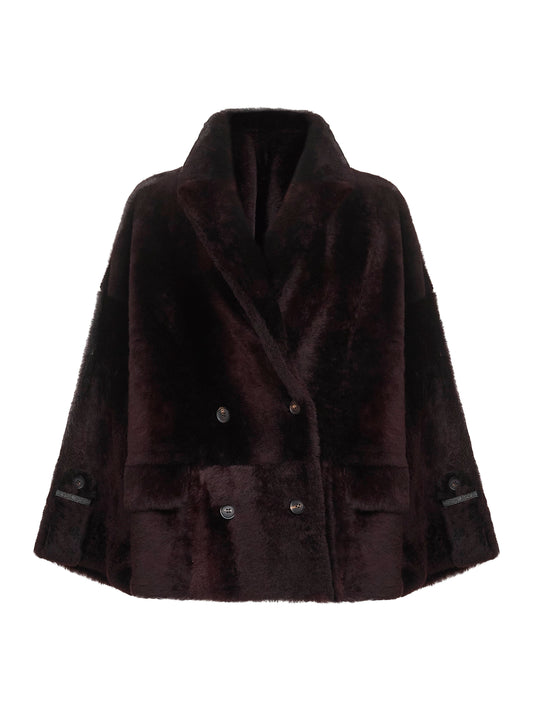 Burgundy nappa leather and fur reversible caban