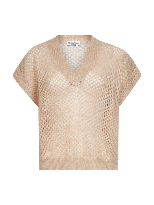 Beige Dazzling Mesh V-Neck sweater