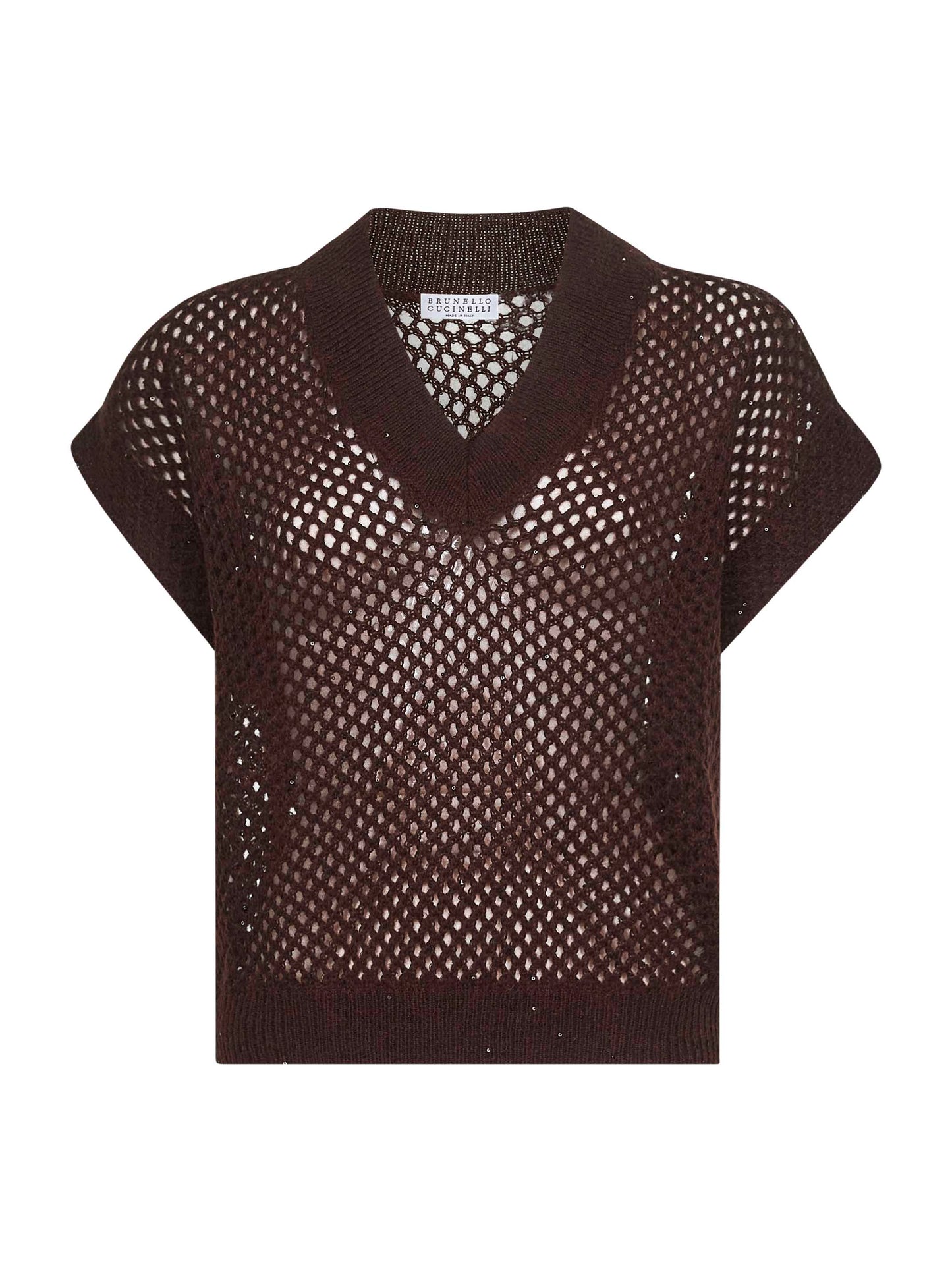 Brown Dazzling Mesh V-Neck sweater