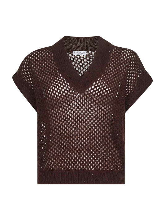 Brown Dazzling Mesh V-Neck sweater