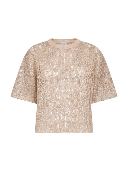 Beige Dazzling Croc Embroidery knit T-shirt