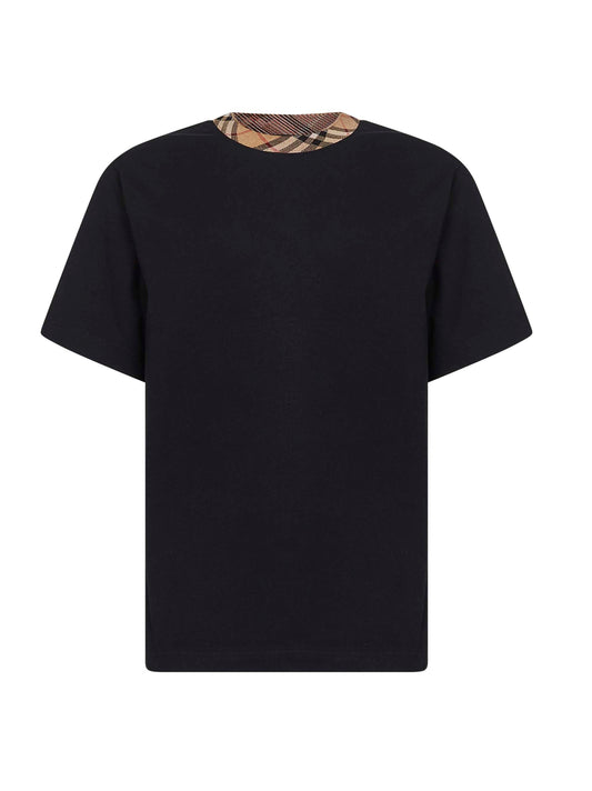 T-shirt in cotone nero con finiture Check