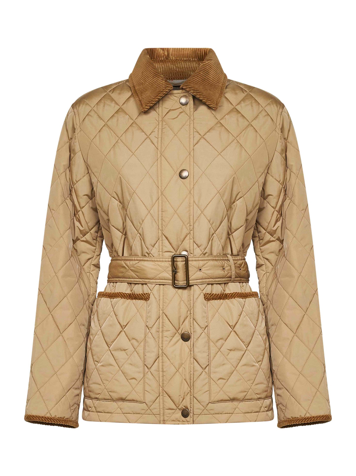 Beige nylon belted quilted jacket