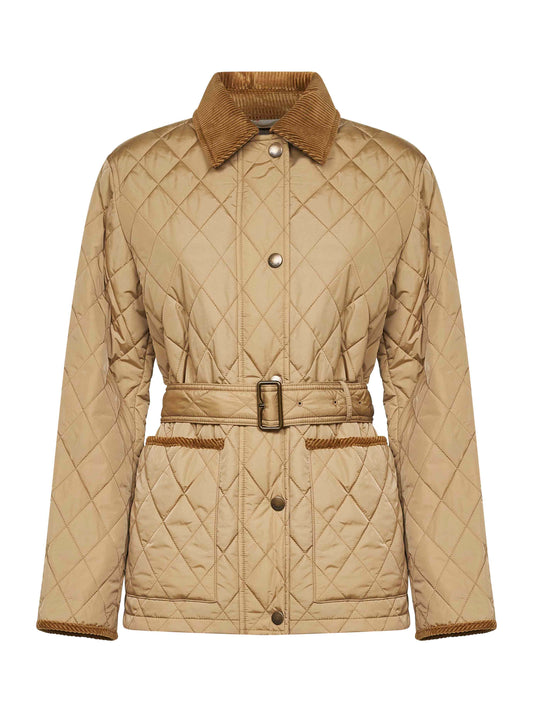 Beige nylon belted quilted jacket