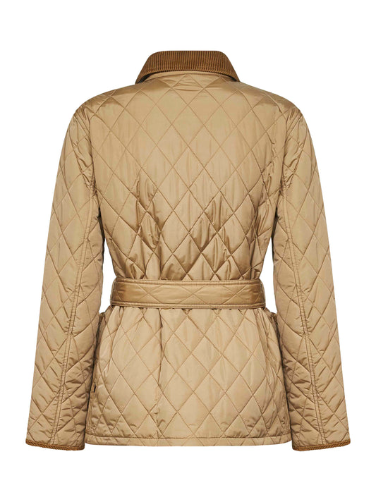 Beige nylon belted quilted jacket