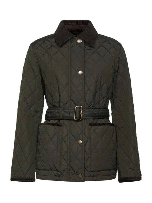 Green nylon belted quilted jacket