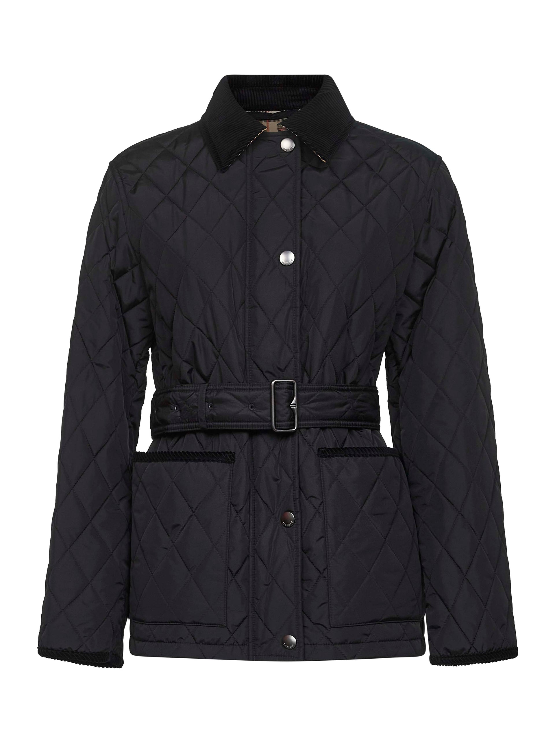 Black nylon belted quilted jacket –