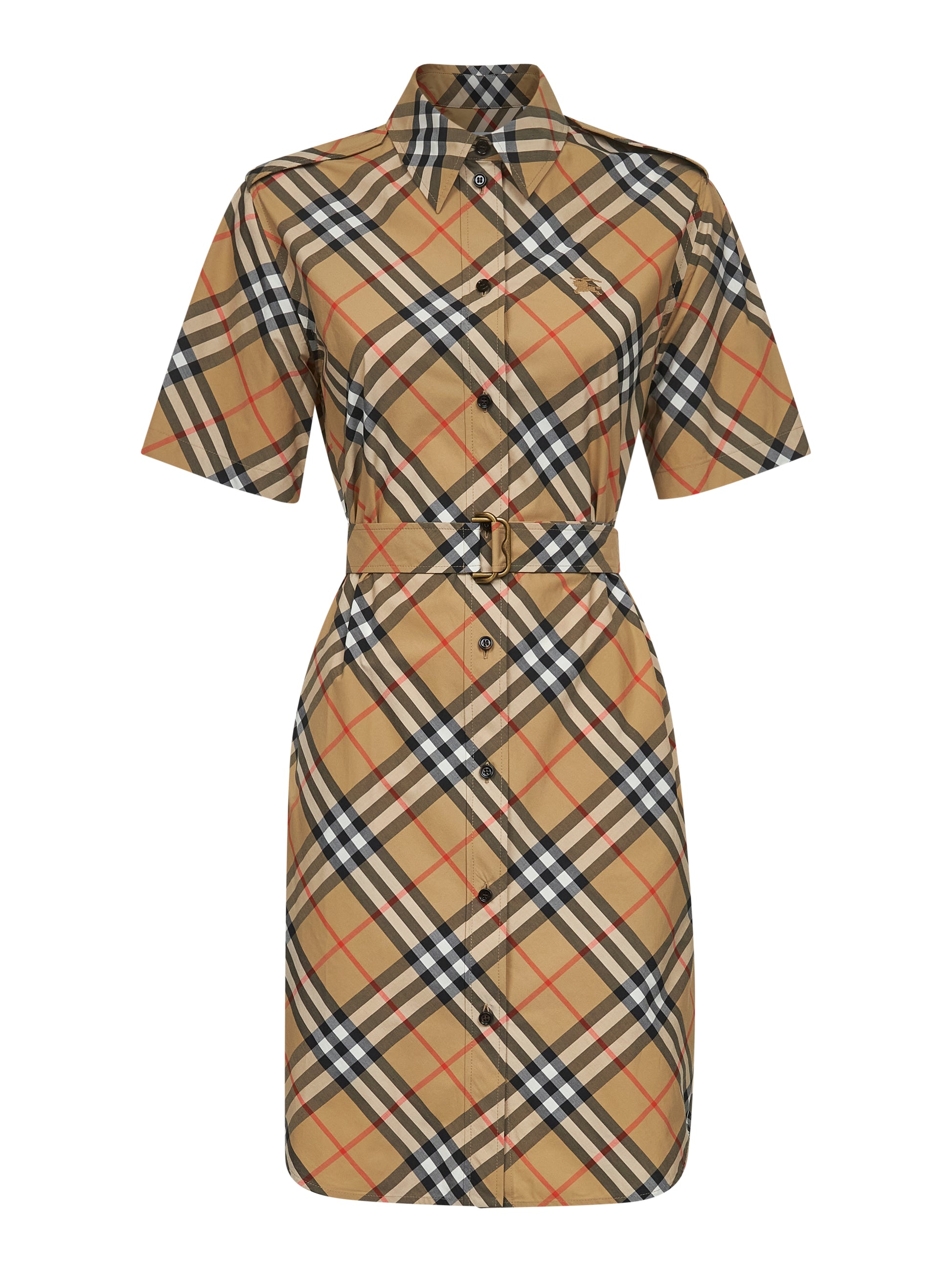 Beige check cotton shirt dress –