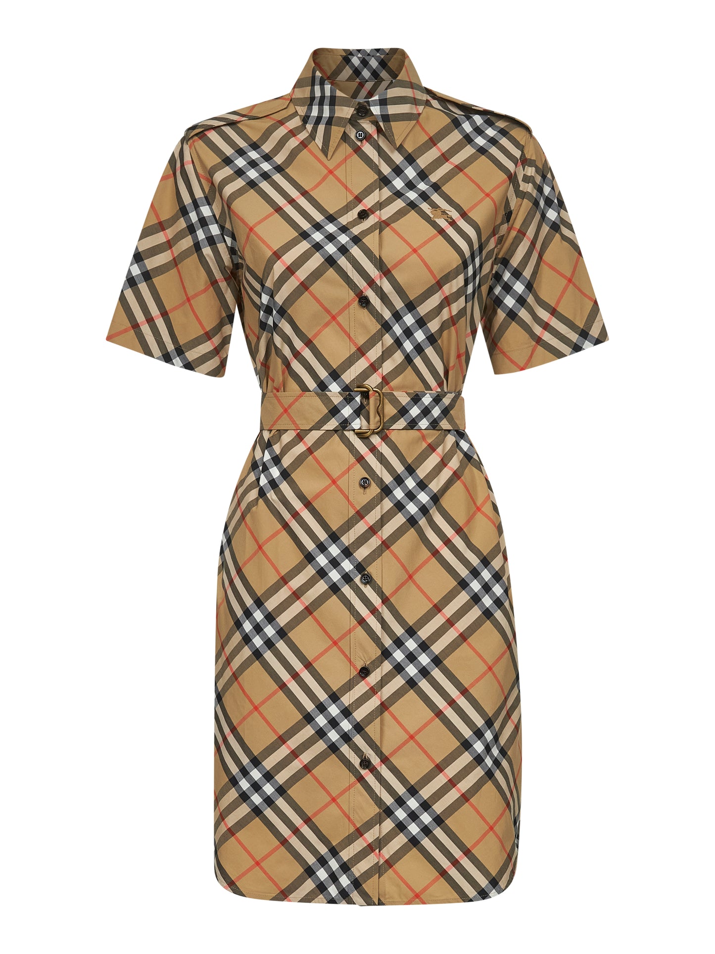 Beige check cotton shirt dress