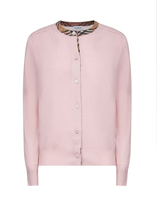 Cardigan in lana rosa con finiture Check<BR/>