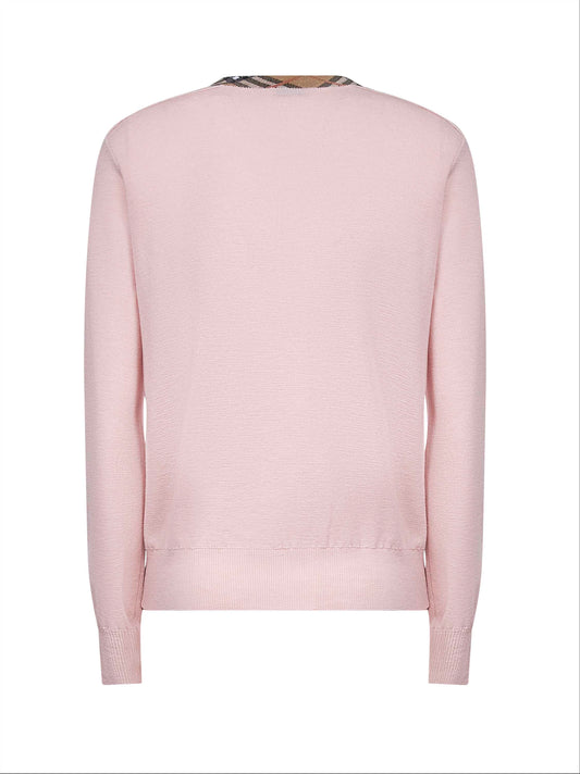Cardigan in lana rosa con finiture Check<BR/>