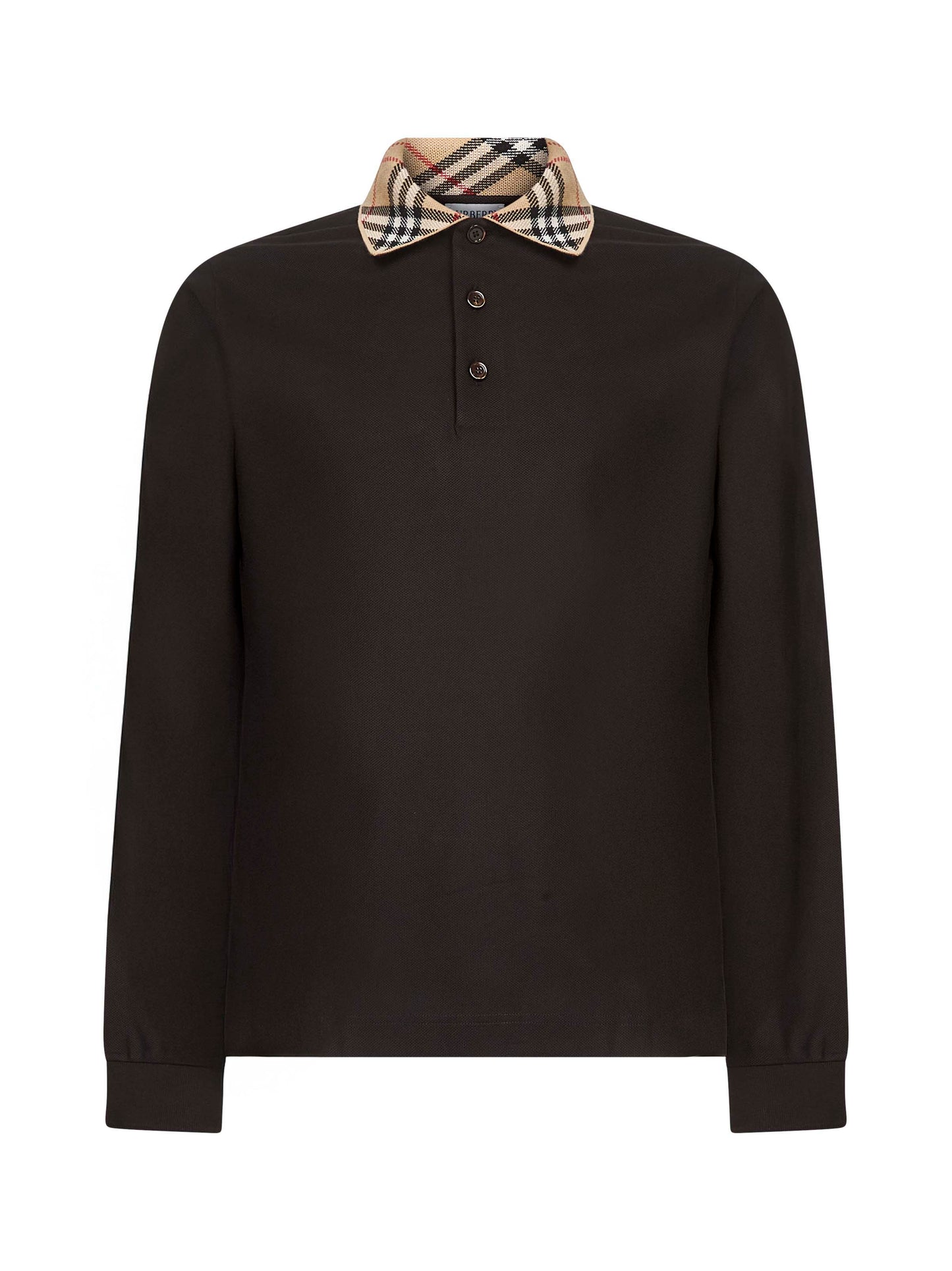 Polo a maniche lunghe in piquet marrone con colletto Check