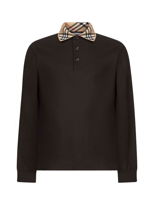 Brown pique Check collar long-sleeved polo shirt