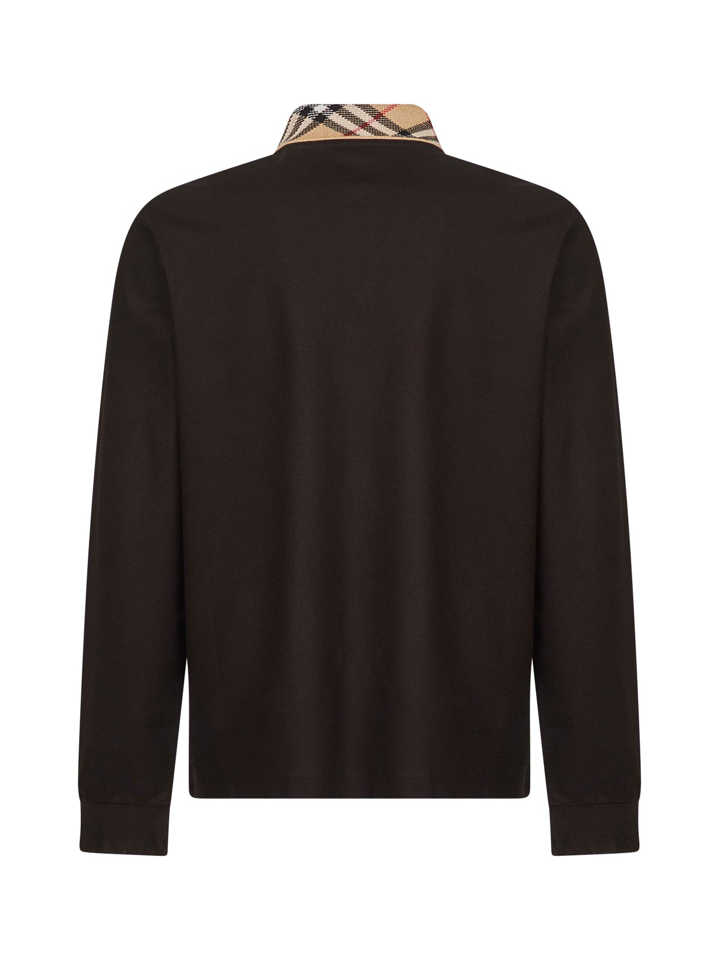 Polo a maniche lunghe in piquet marrone con colletto Check