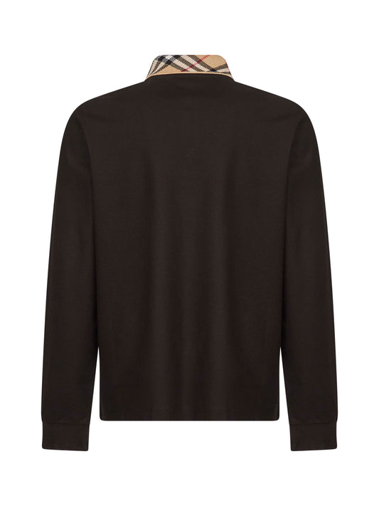 Brown pique Check collar long-sleeved polo shirt