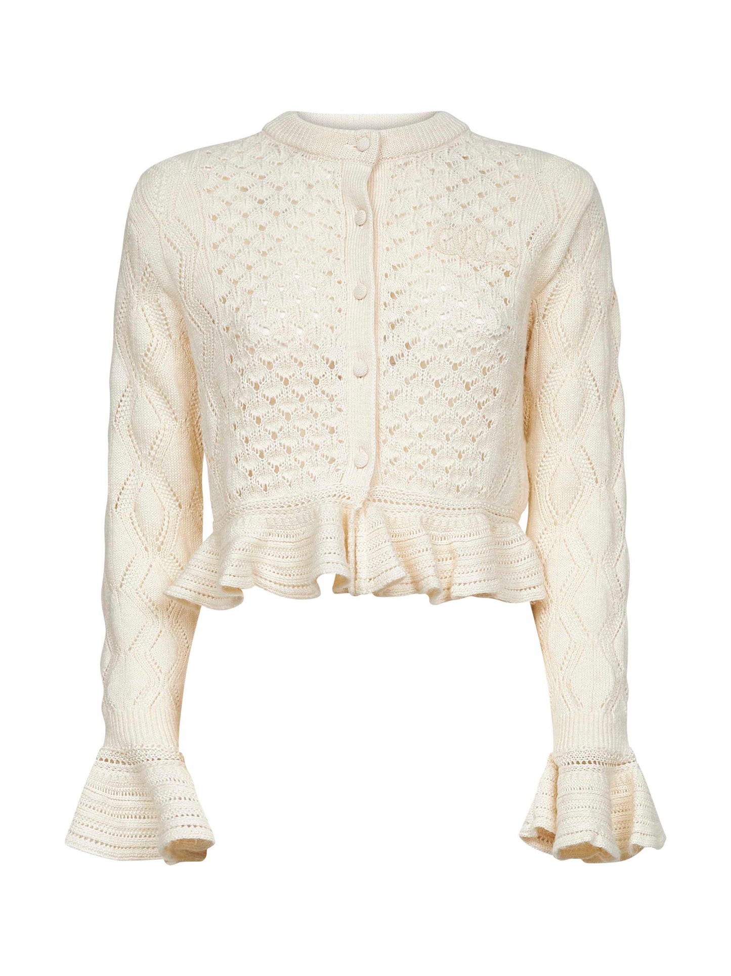 Ivory knit ruffled logo cardigan