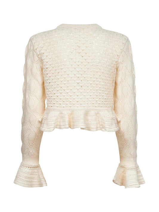 Ivory knit ruffled logo cardigan