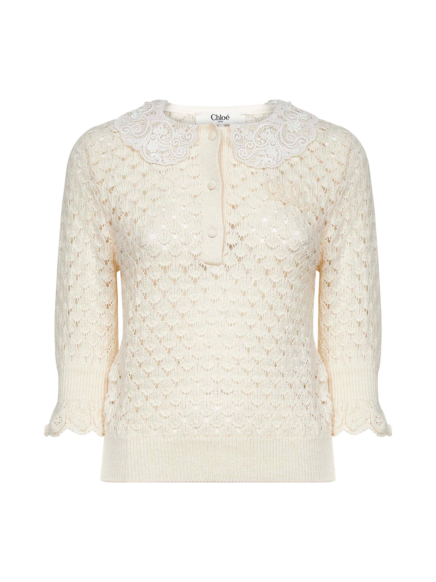 Ivory knit polo shirt with lace collar