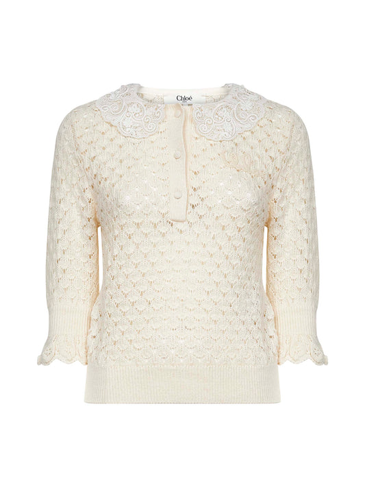Ivory knit polo shirt with lace collar