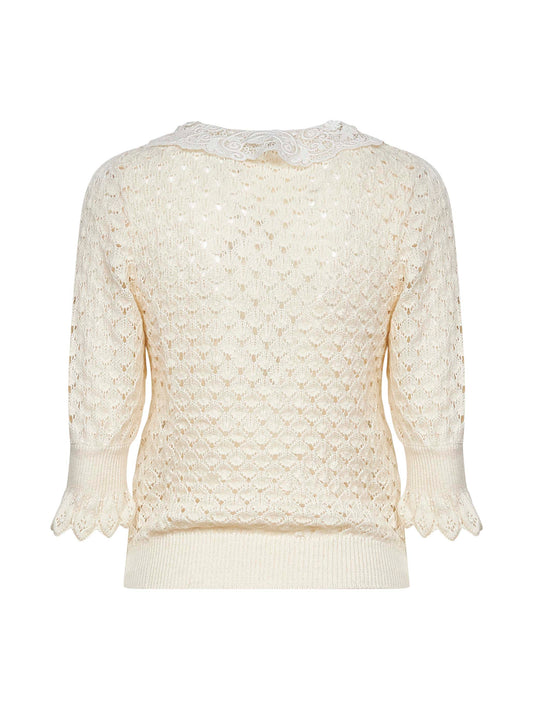 Ivory knit polo shirt with lace collar