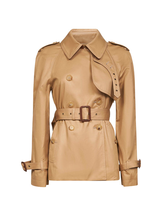 Beige cotton gabardine short trench coat