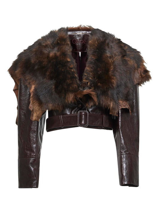 Brown leather cropped jacket with shearling collar