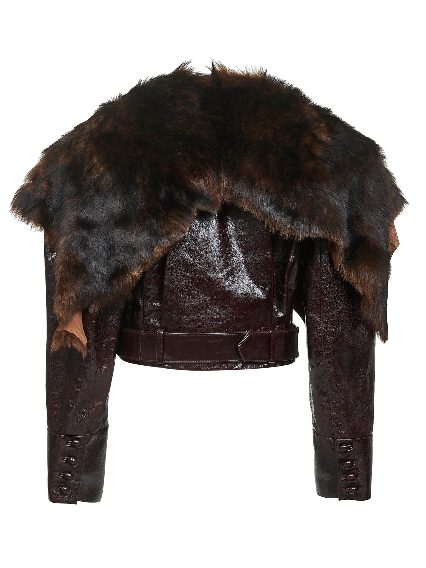 Giacca corta in pelle marrone con collo in shearling