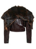 Giacca corta in pelle marrone con collo in shearling