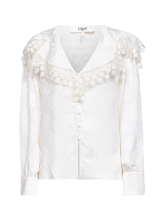 Ivory silk jacquard and lace blouse