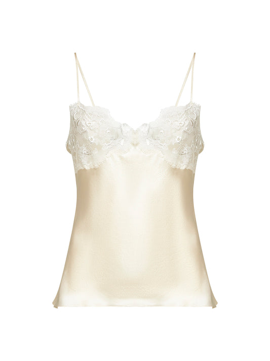Top camisole in raso di seta lavato e pizzo avorio