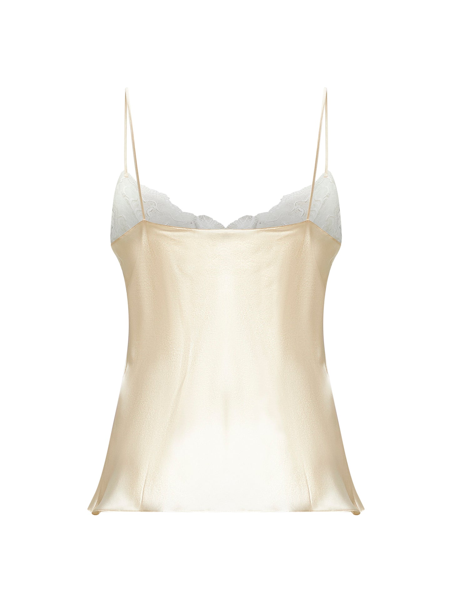 Top camisole in raso di seta lavato e pizzo avorio