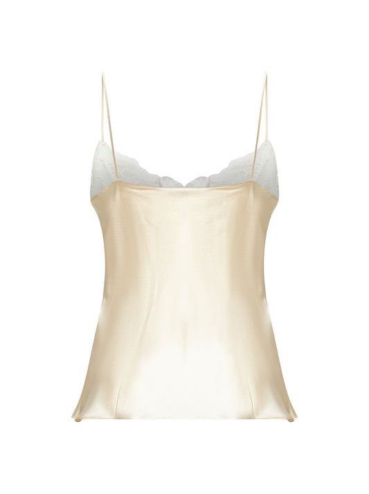 Top camisole in raso di seta lavato e pizzo avorio