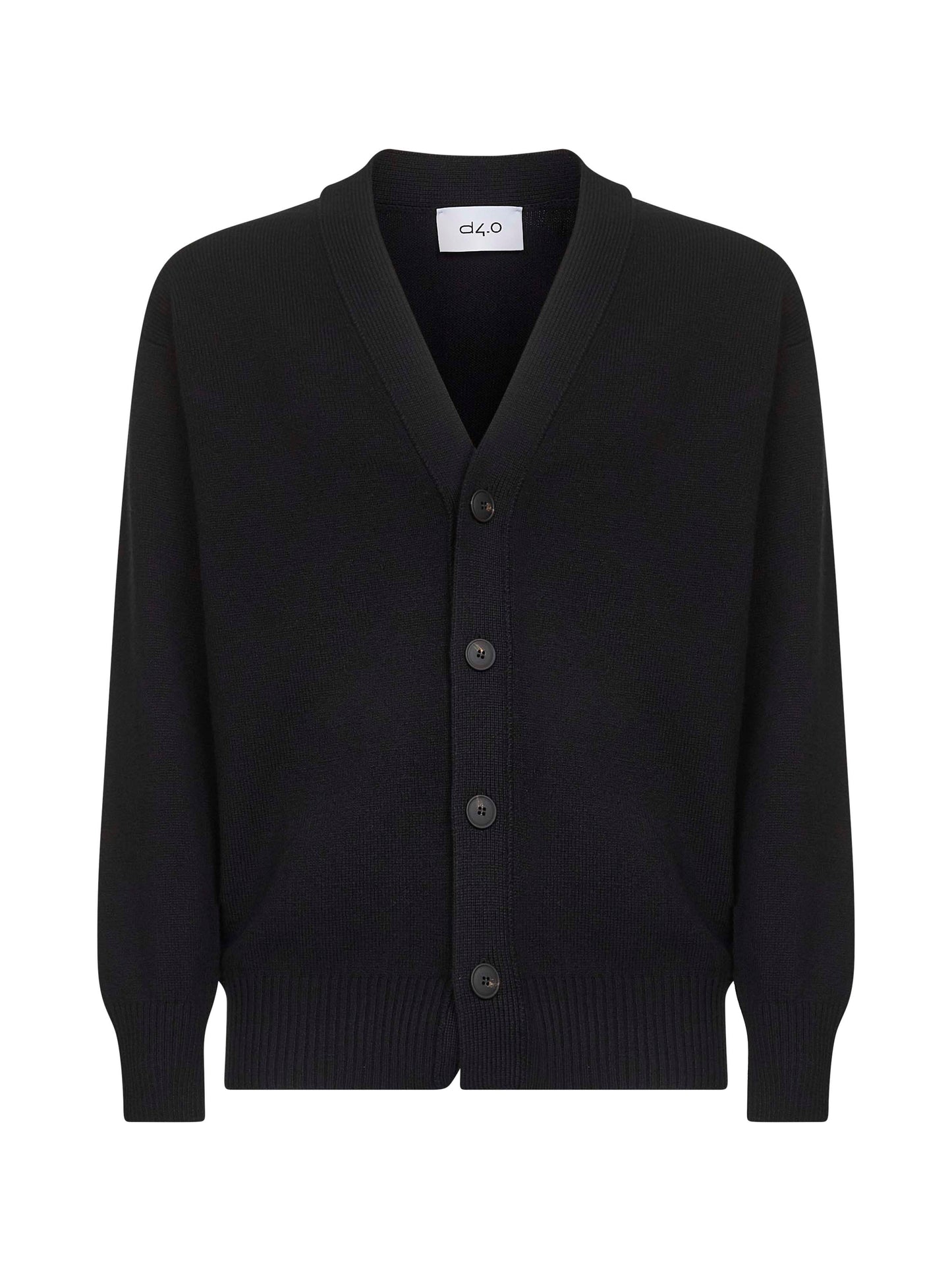 Black virgin wool knit relaxed fit cardigan<BR/>