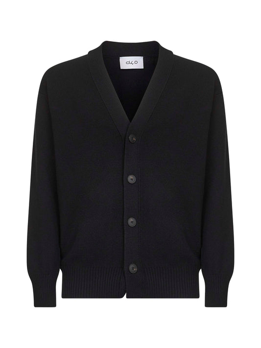 Black virgin wool knit relaxed fit cardigan<BR/>