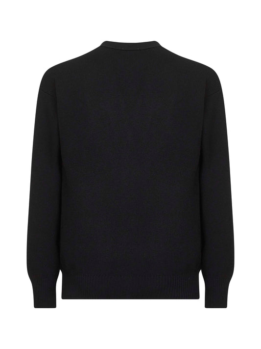 Black virgin wool knit relaxed fit cardigan<BR/>
