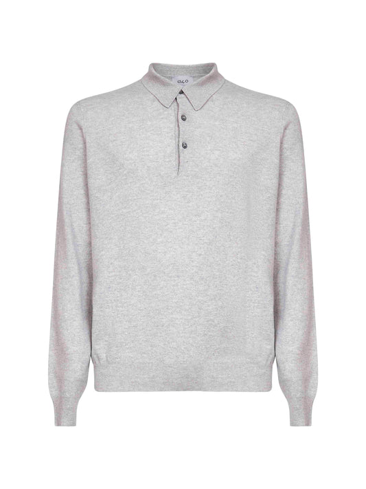 Grey wool blend knit long-sleeved polo shirt