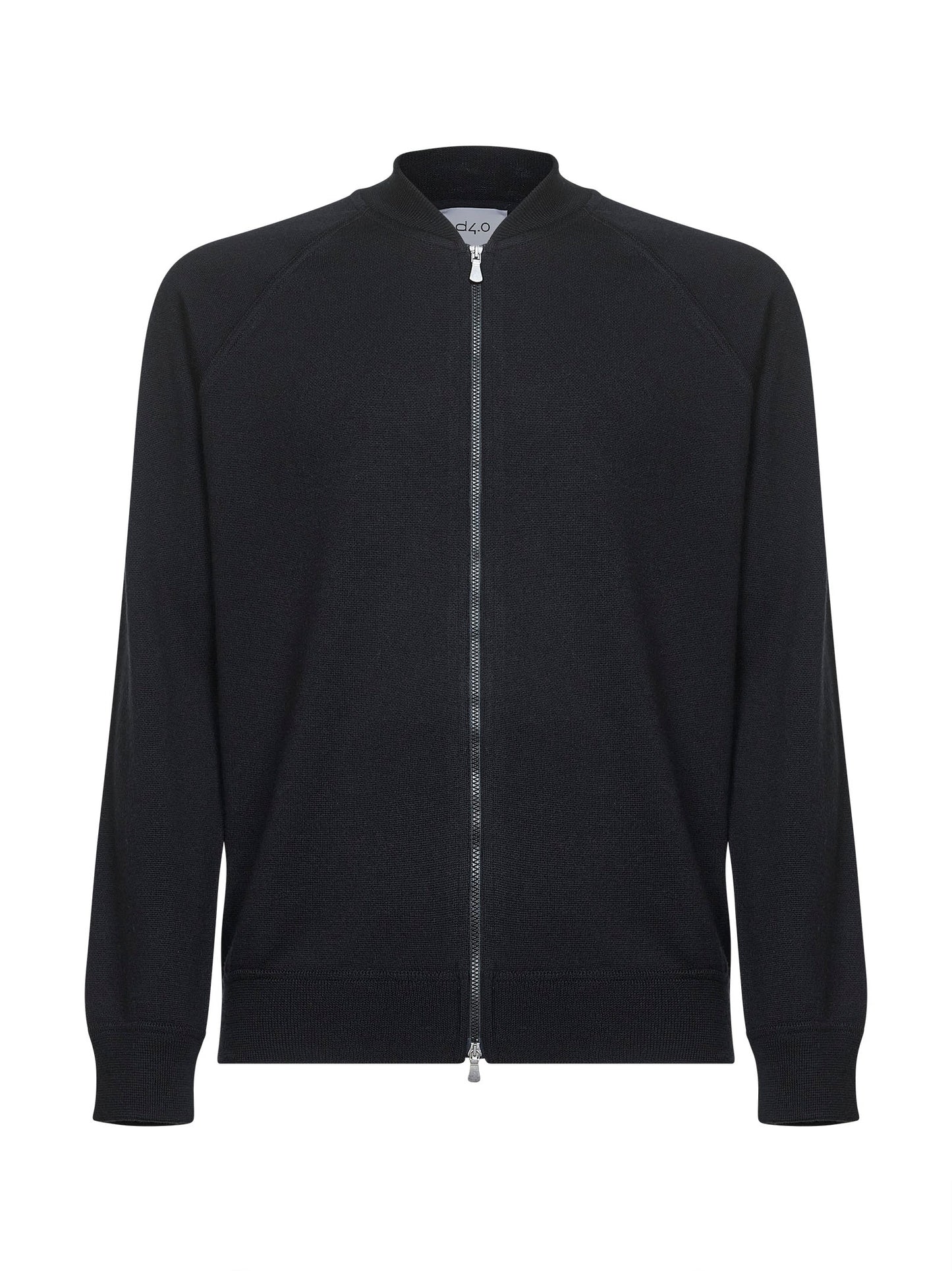 Black virgin wool knit bomber-style cardigan