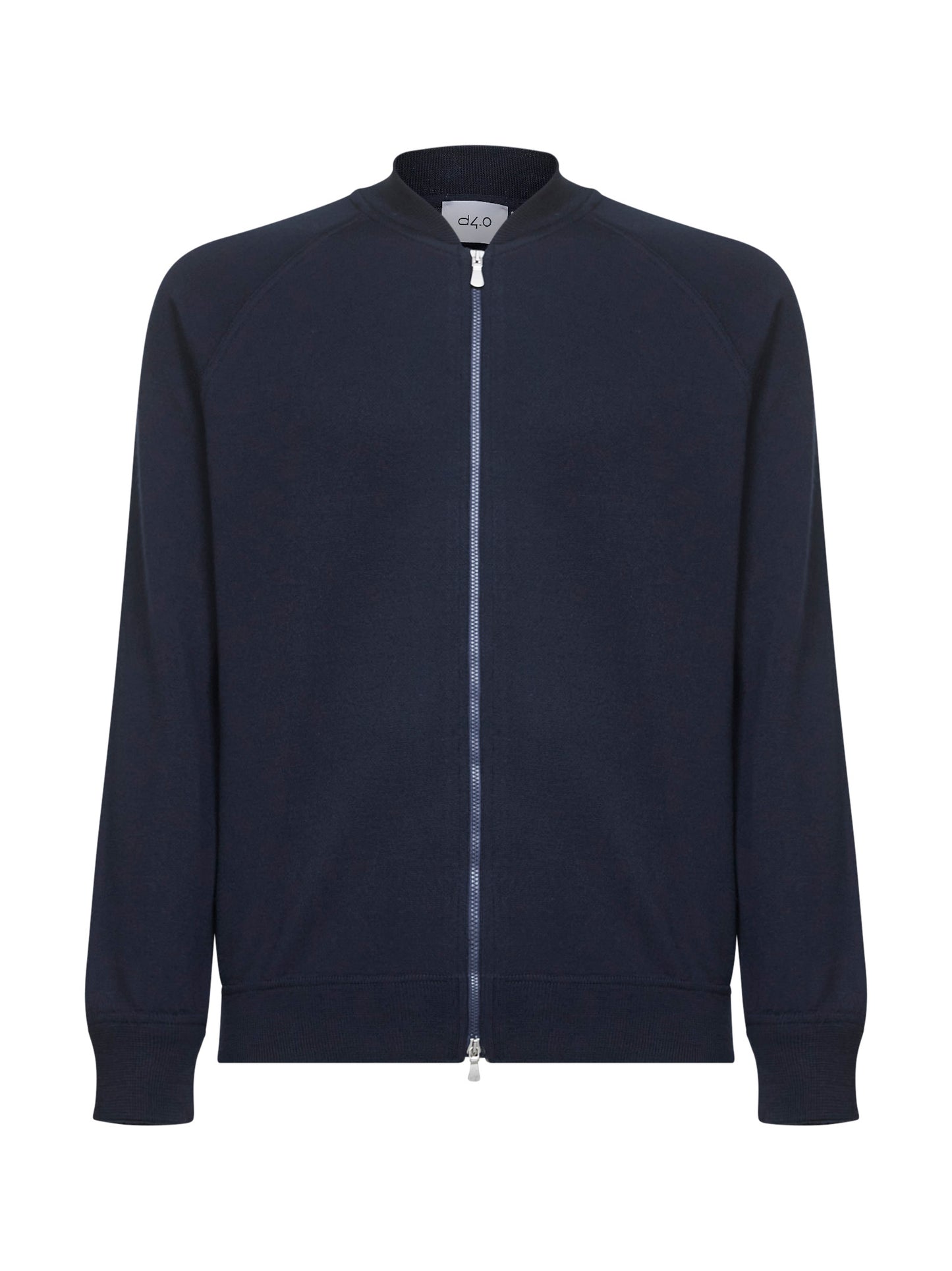 Blue virgin wool knit bomber-style cardigan