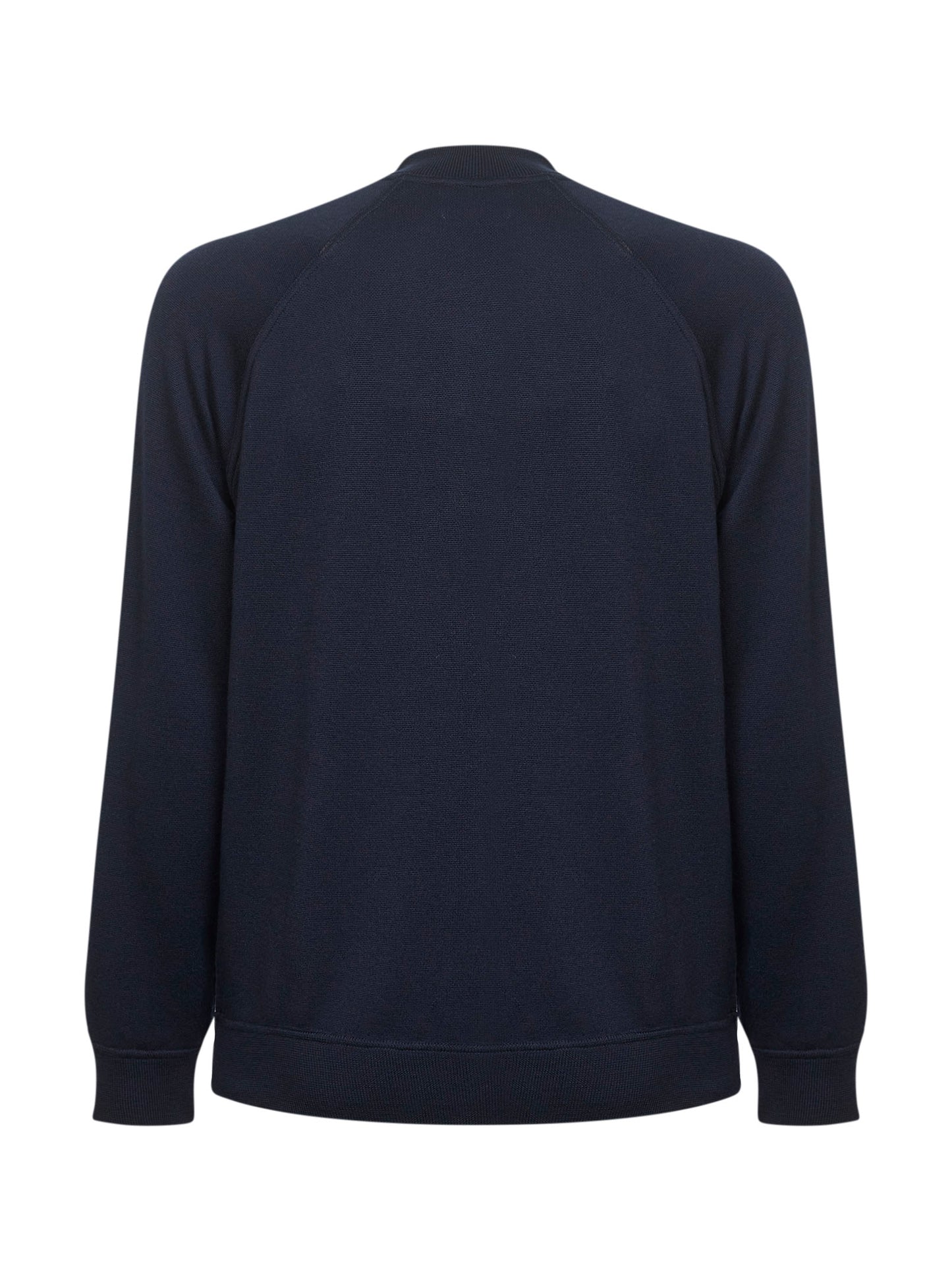 Blue virgin wool knit bomber-style cardigan