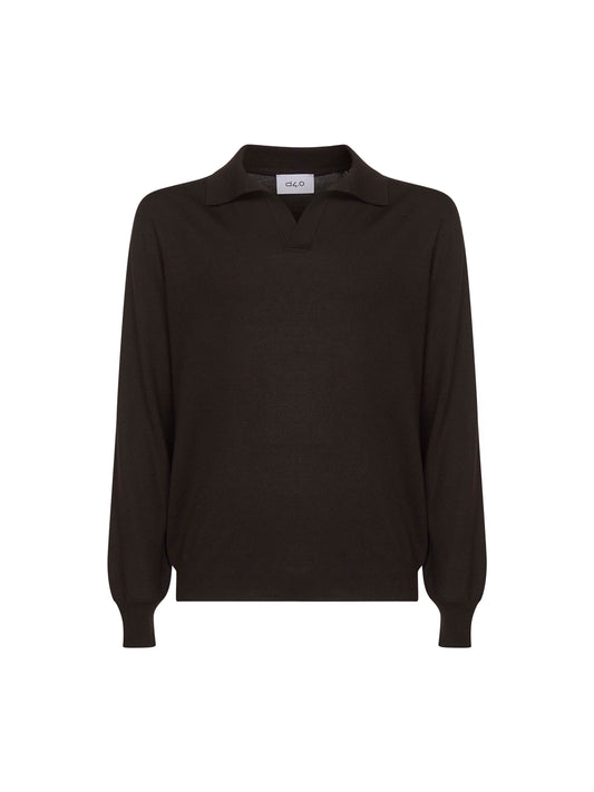 Brown virgin wool knit buttonless polo shirt