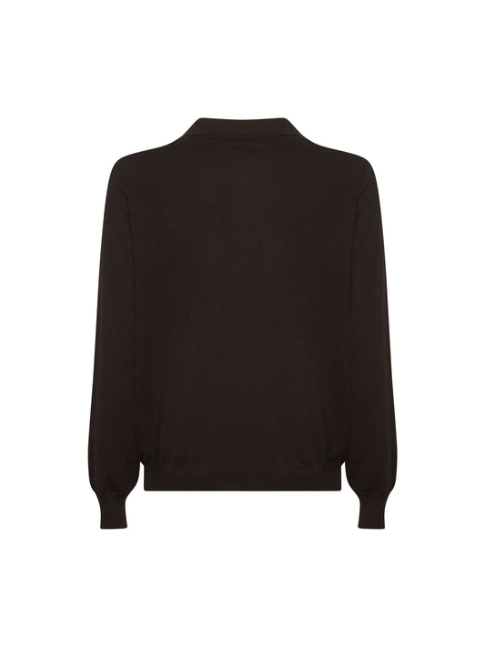 Brown virgin wool knit buttonless polo shirt
