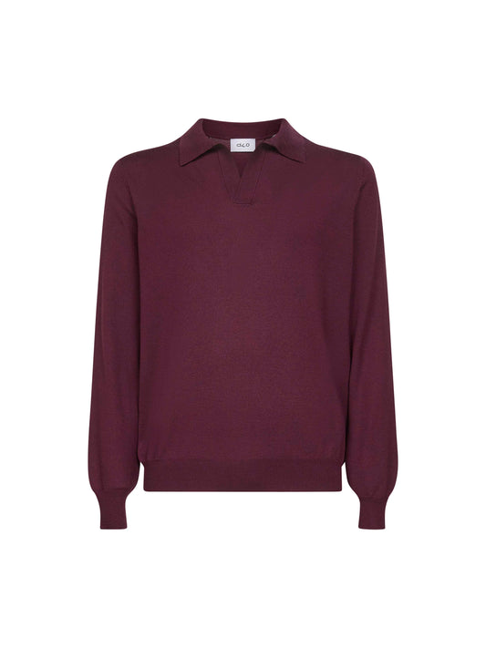 Burgundy virgin wool knit buttonless polo shirt