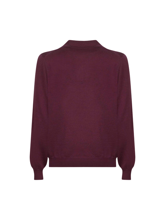 Burgundy virgin wool knit buttonless polo shirt
