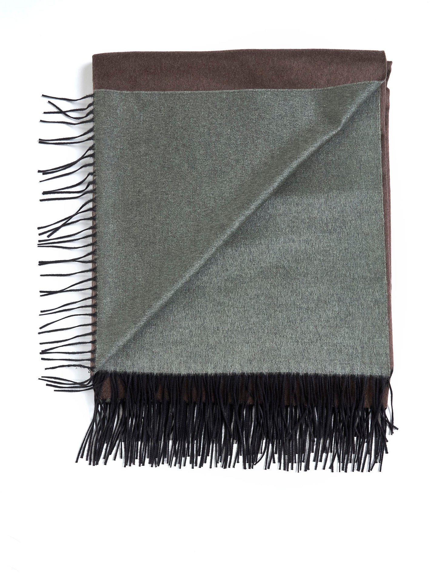 Brown and sage green plaid with fringes