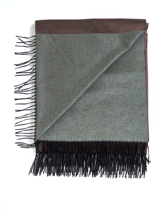 Brown and sage green plaid with fringes