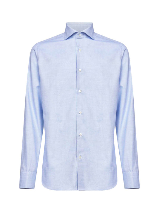 Camicia in cotone jacquard con micro fantasia celeste
