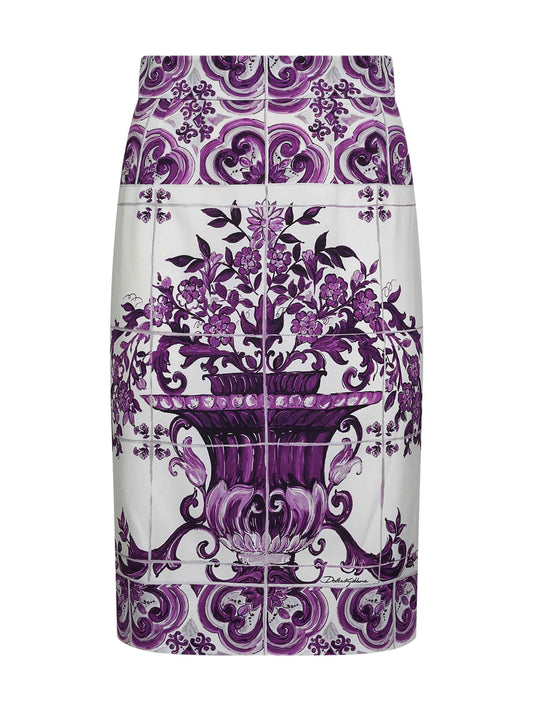 Maiolica print stretch silk skirt